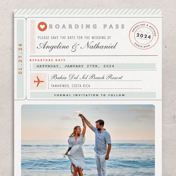 Classic Boarding Pass Save the Date Cards Jewel Green Signature No