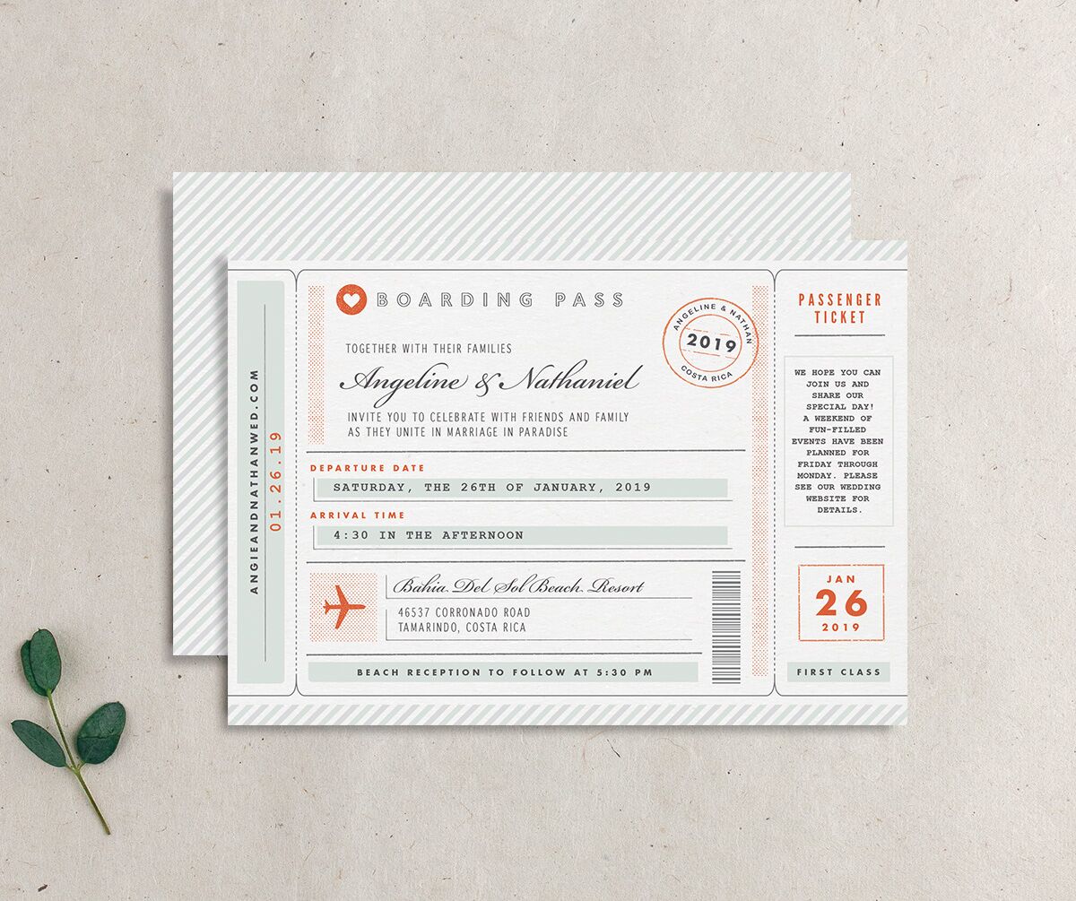 Classic Boarding Pass Wedding Invitations front-and-back in green