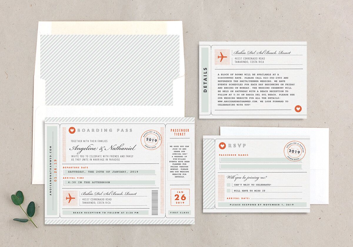 Classic Boarding Pass Wedding Invitations suite in green