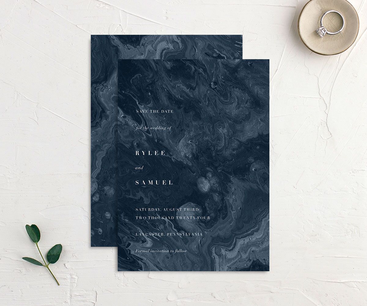 Marbled Canvas Save The Date Cards front-and-back in blue