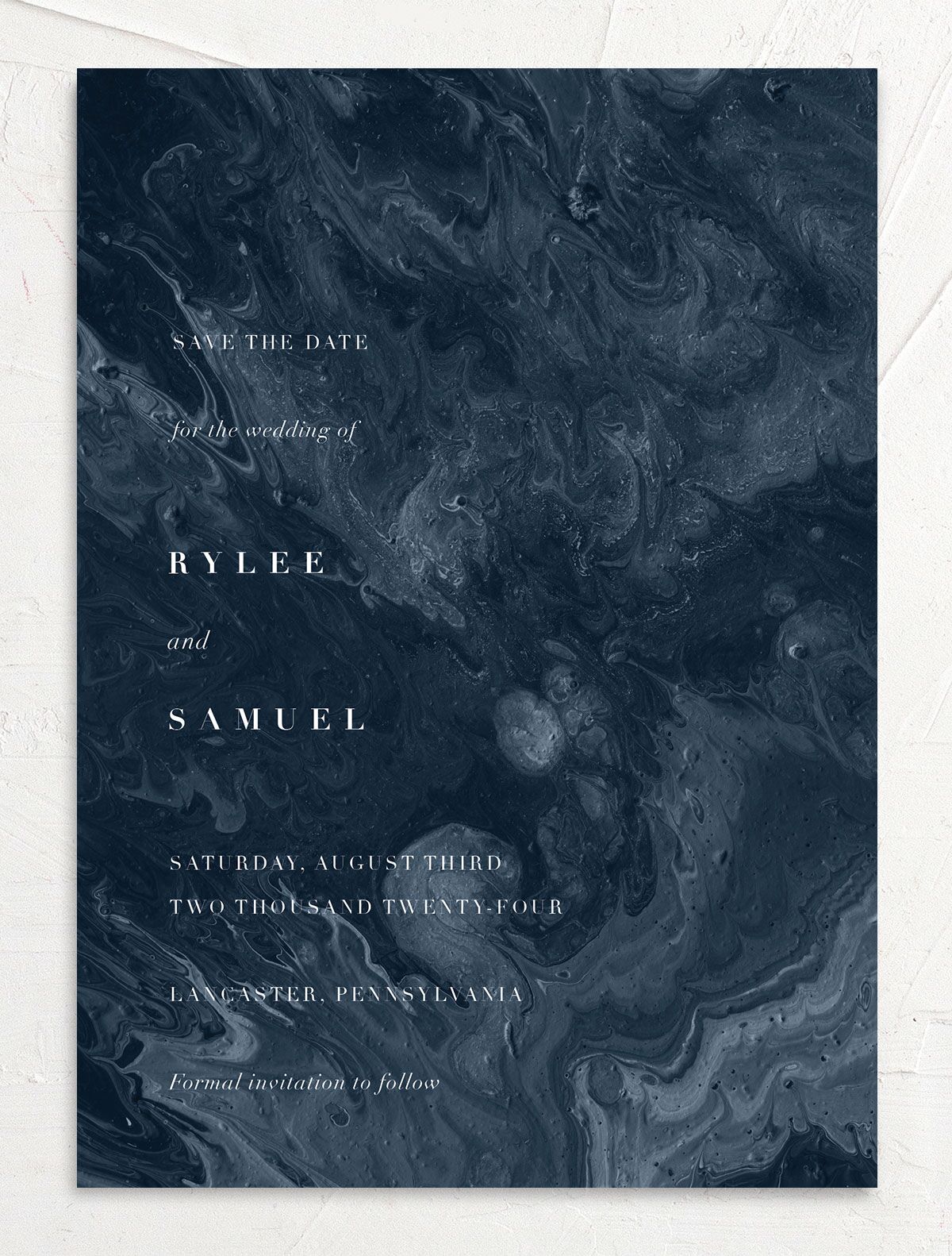 Marbled Canvas Save The Date Cards front in blue