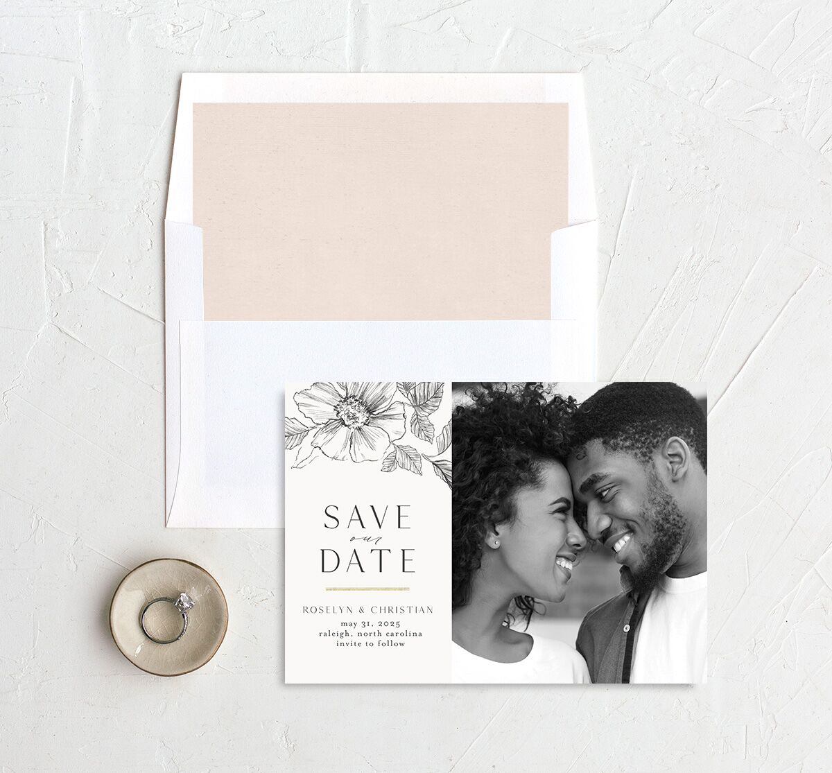 Charcoal Florals Save the Date Cards envelope-and-liner in grey