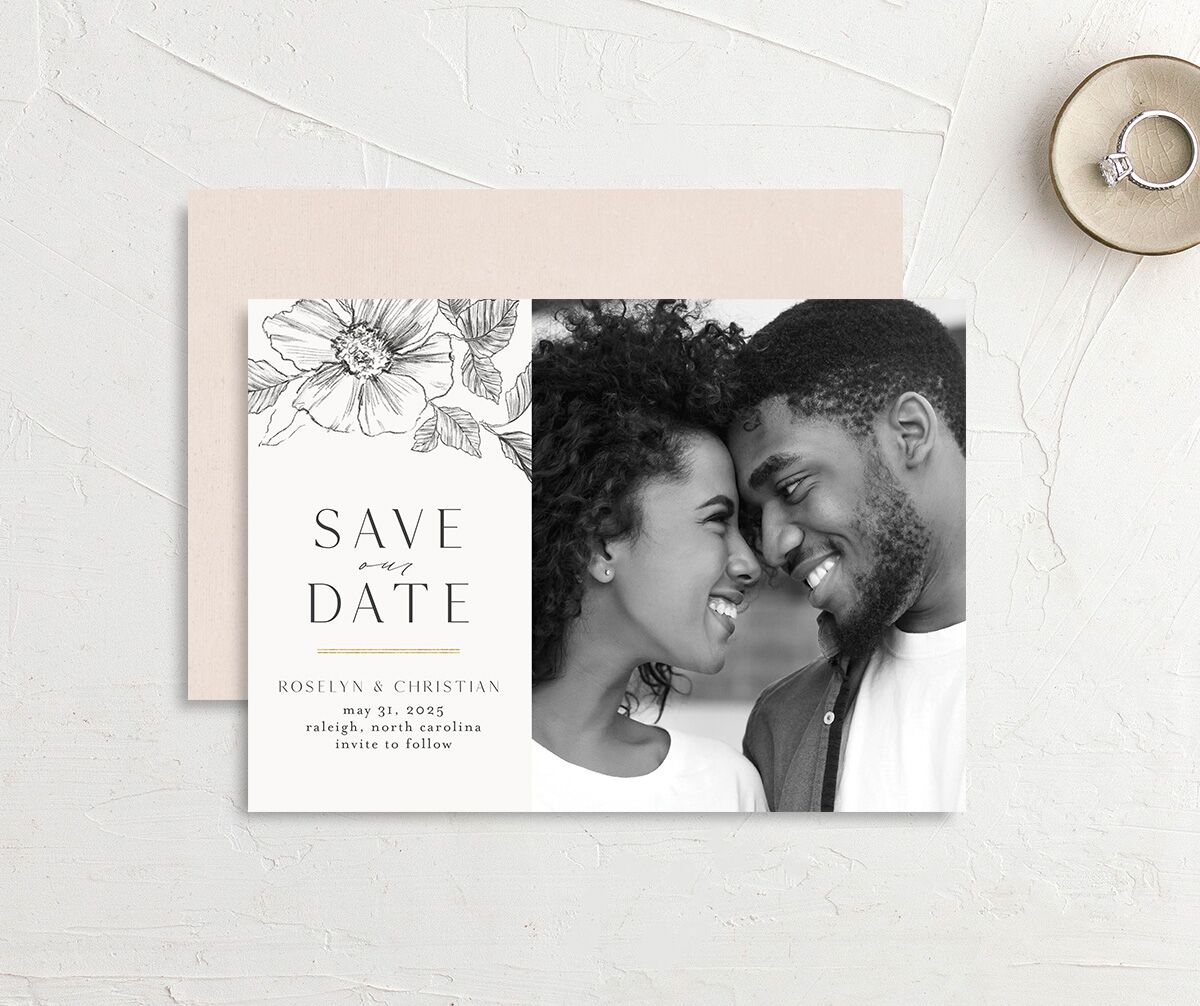 Charcoal Florals Save the Date Cards front-and-back in grey