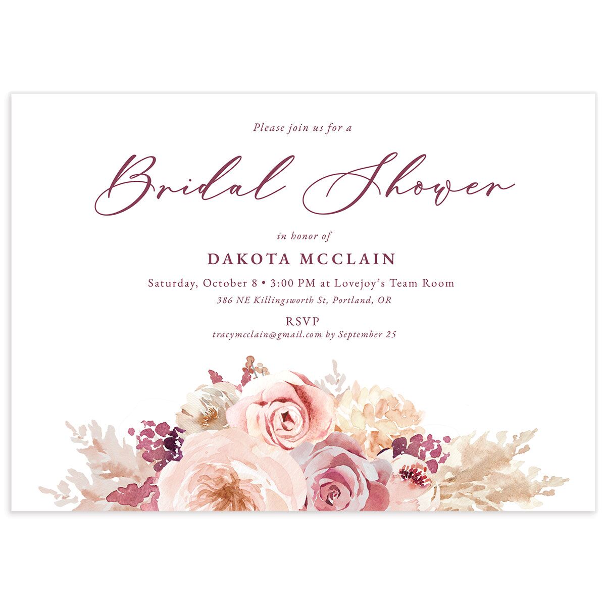 Watercolor Roses Bridal Shower Invitations