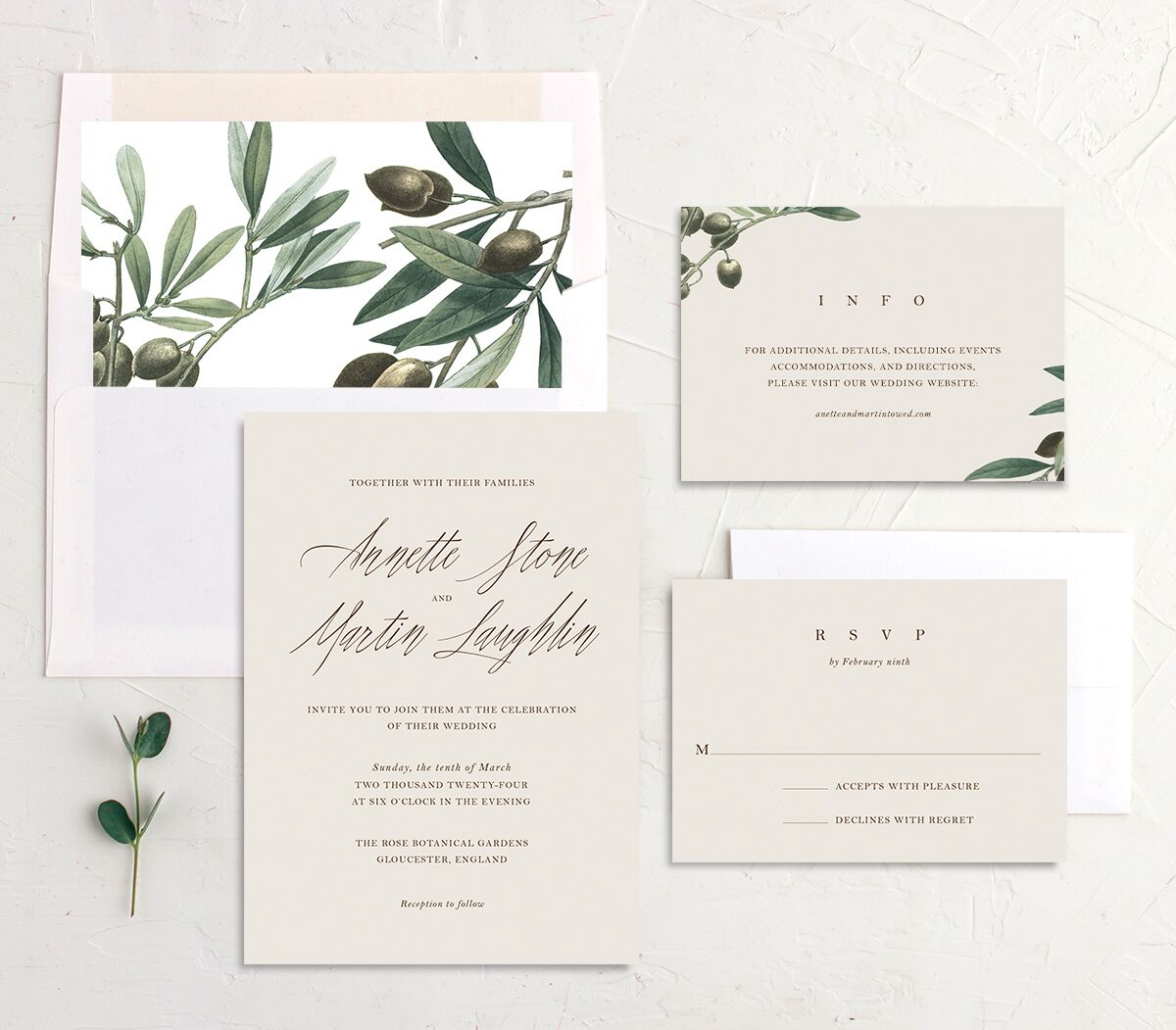 Mediterranean Olive Wedding Invitations Champagne Signature No