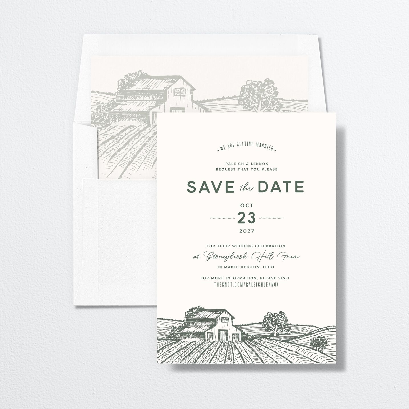 Country Farm Save The Date Cards envelope-and-liner in green