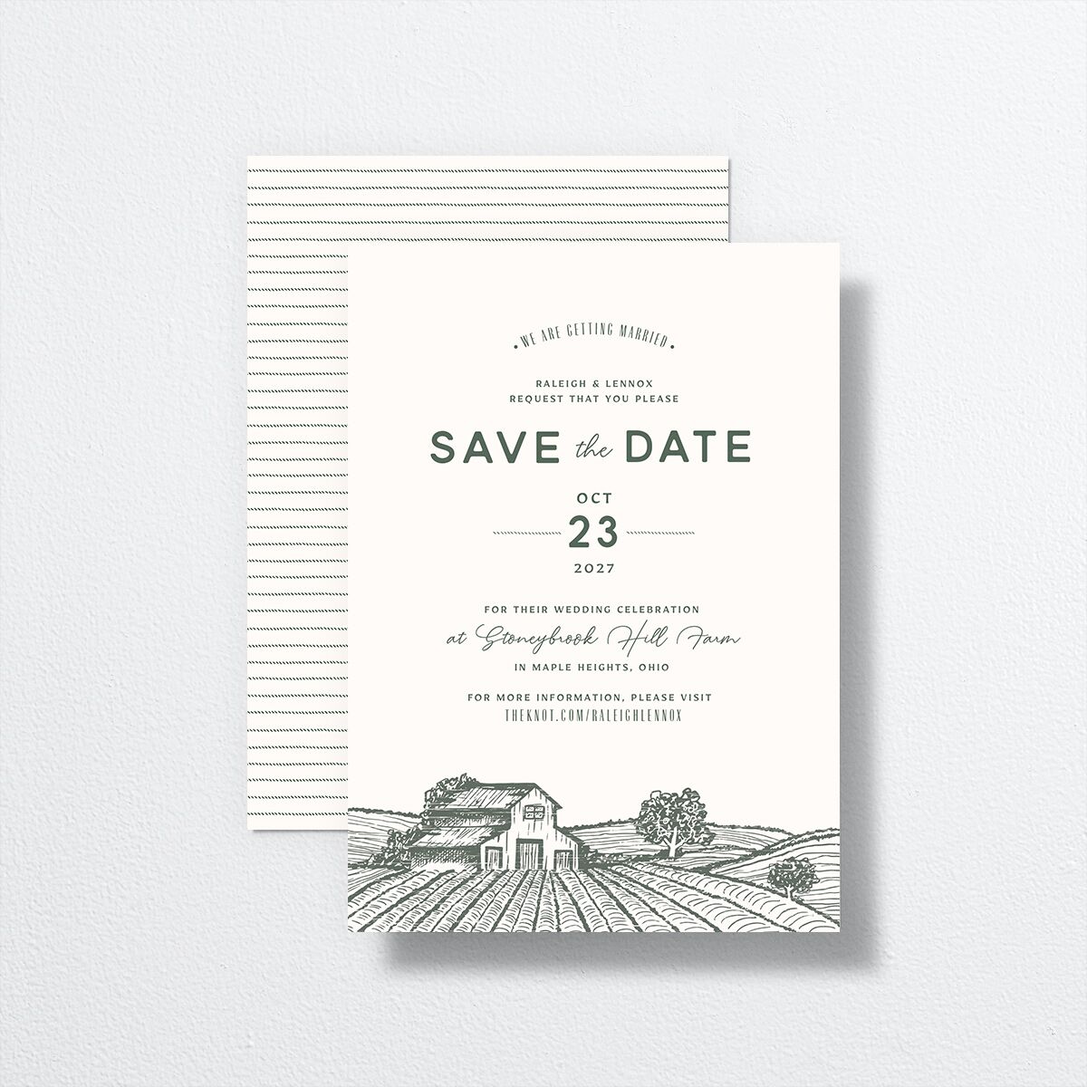 Country Farm Save The Date Cards front-and-back in green
