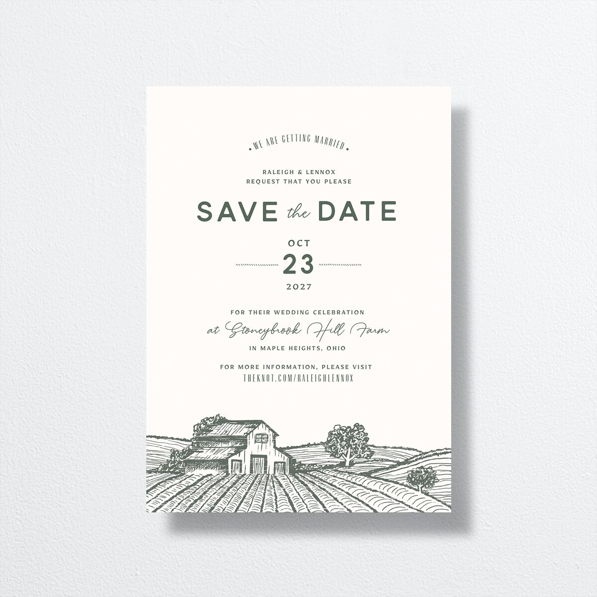 Country Farm Save The Date Cards front in green