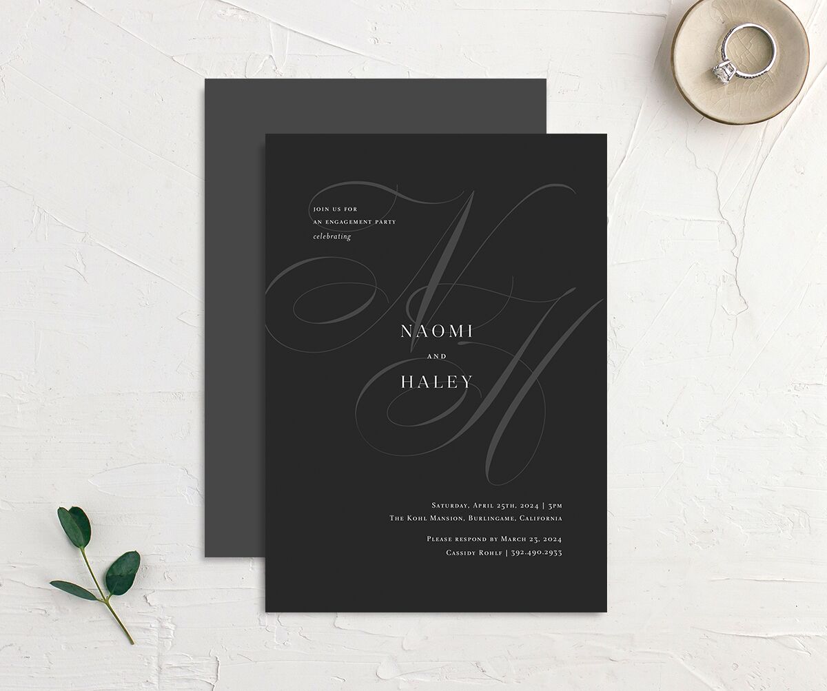 Elegant Initials Bridal Shower Invitations front-and-back in Black