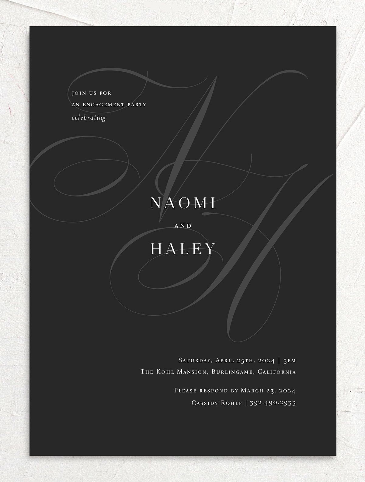 Elegant Initials Bridal Shower Invitations front in Black