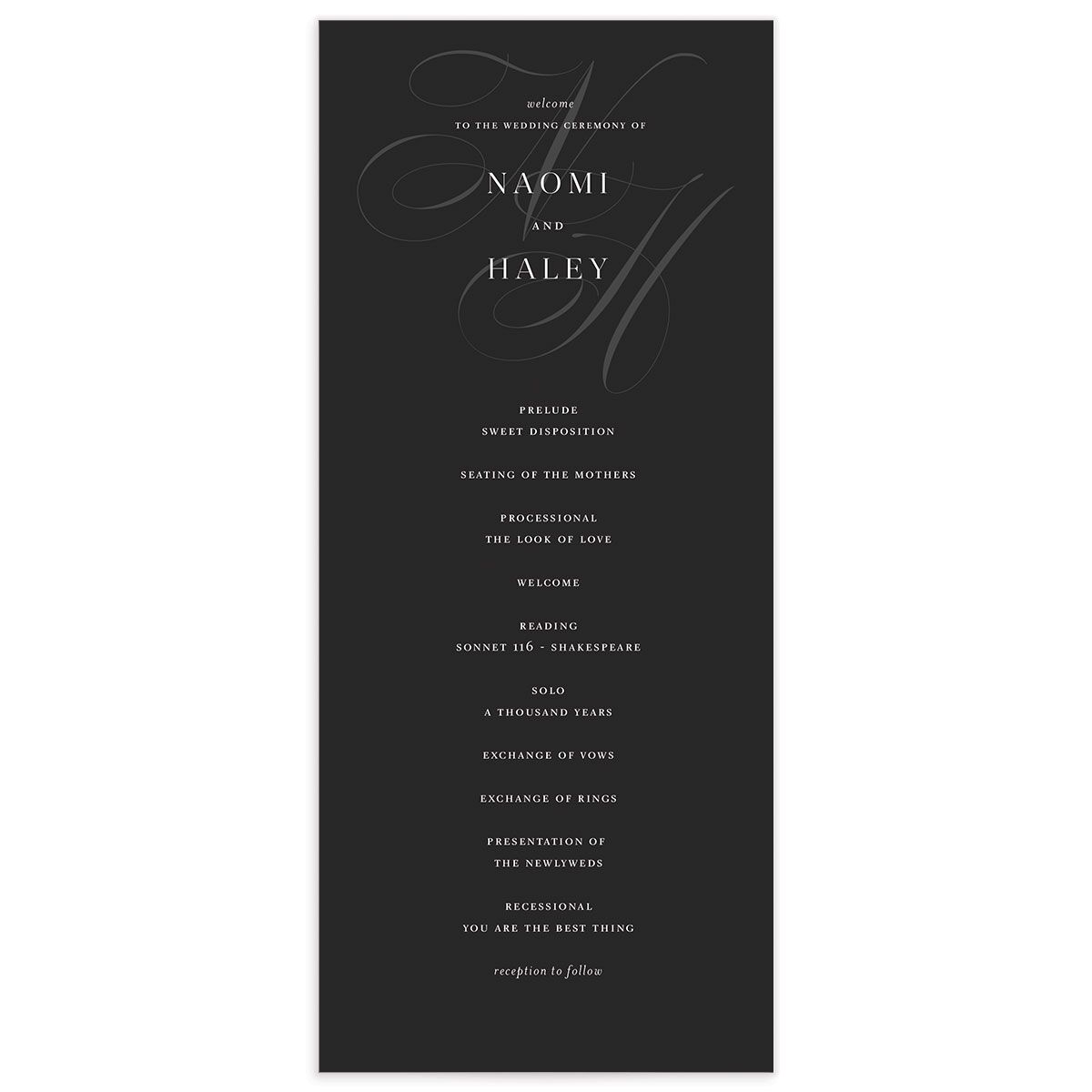 Elegant Initials Wedding Programs front in Black