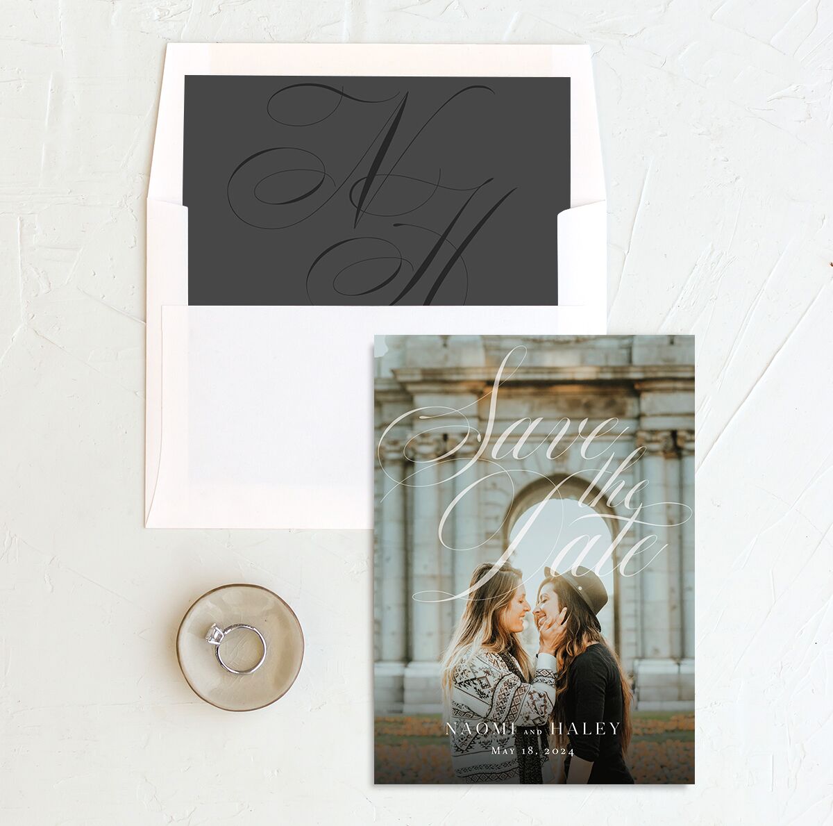 Elegant Initials Save the Date Cards envelope-and-liner in Black