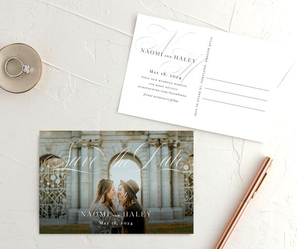 Elegant Initials Save the Date Postcards front-and-back in Black