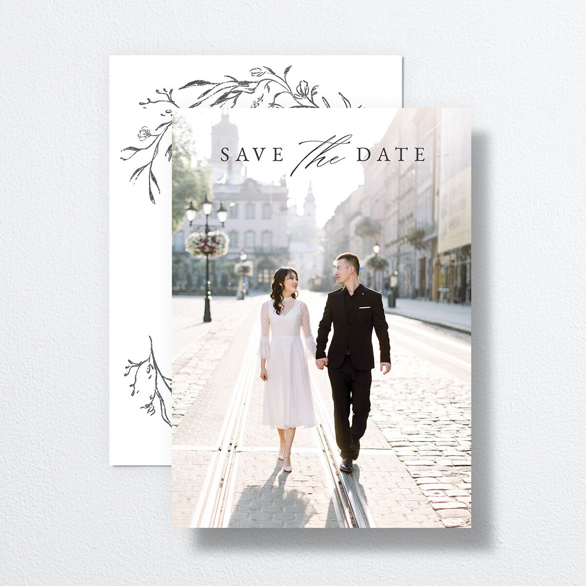 Illustrated Vines Save The Date Cards front-and-back in grey