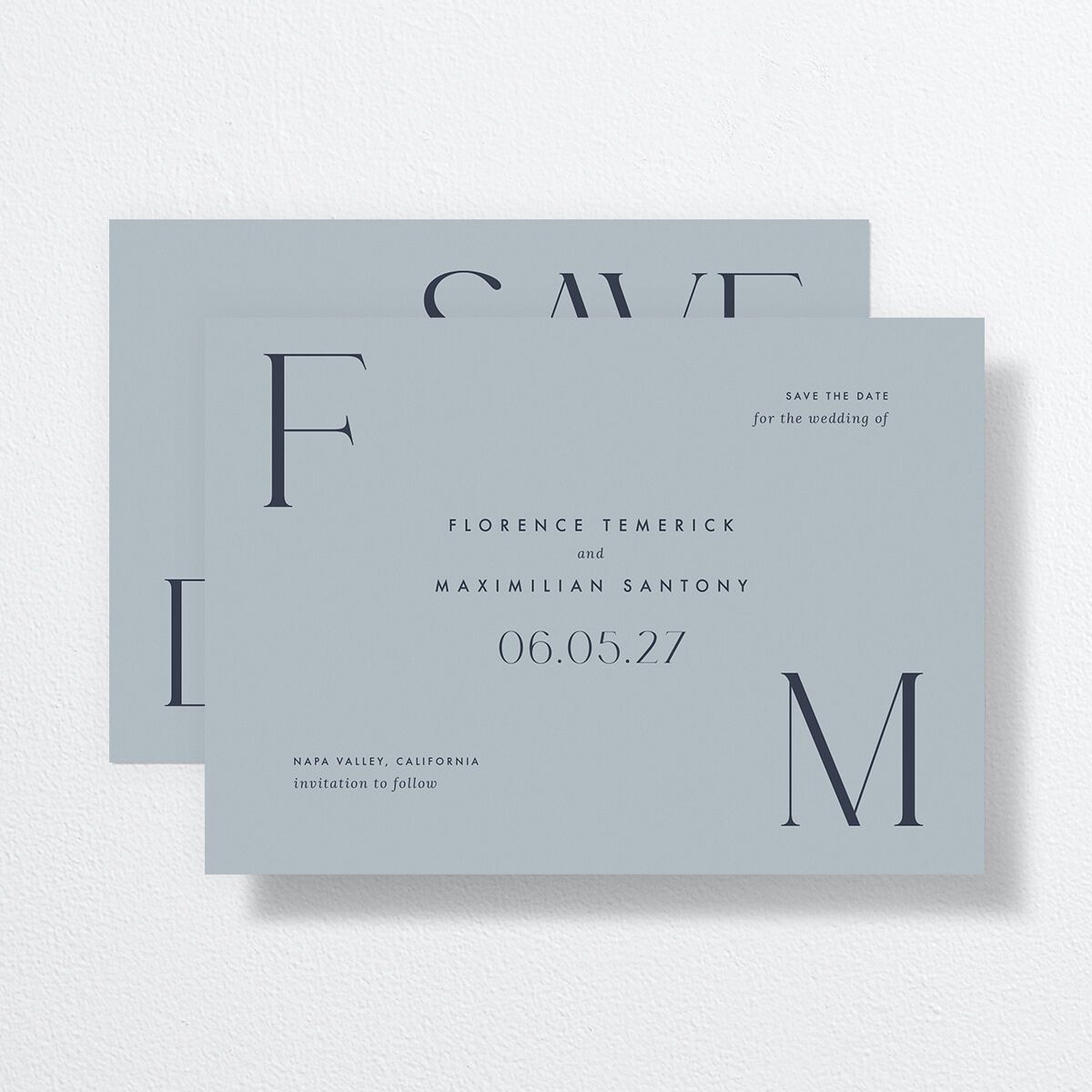 Modern Initials Save The Date Cards front-and-back in Blue