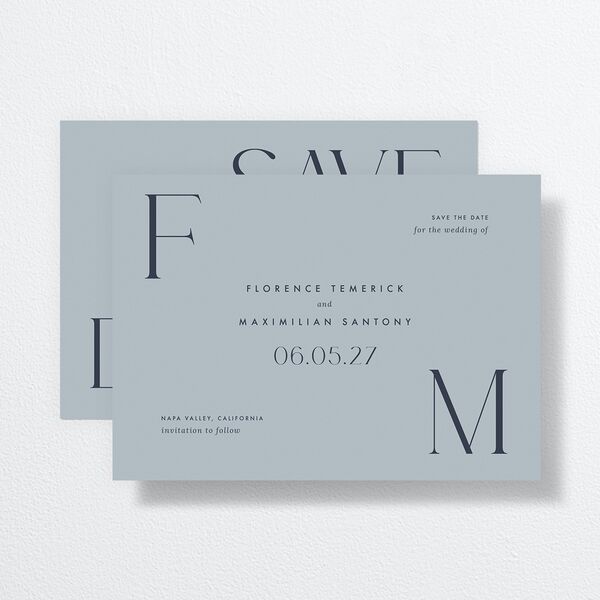 Modern Initials Save The Date Cards front-and-back in Blue