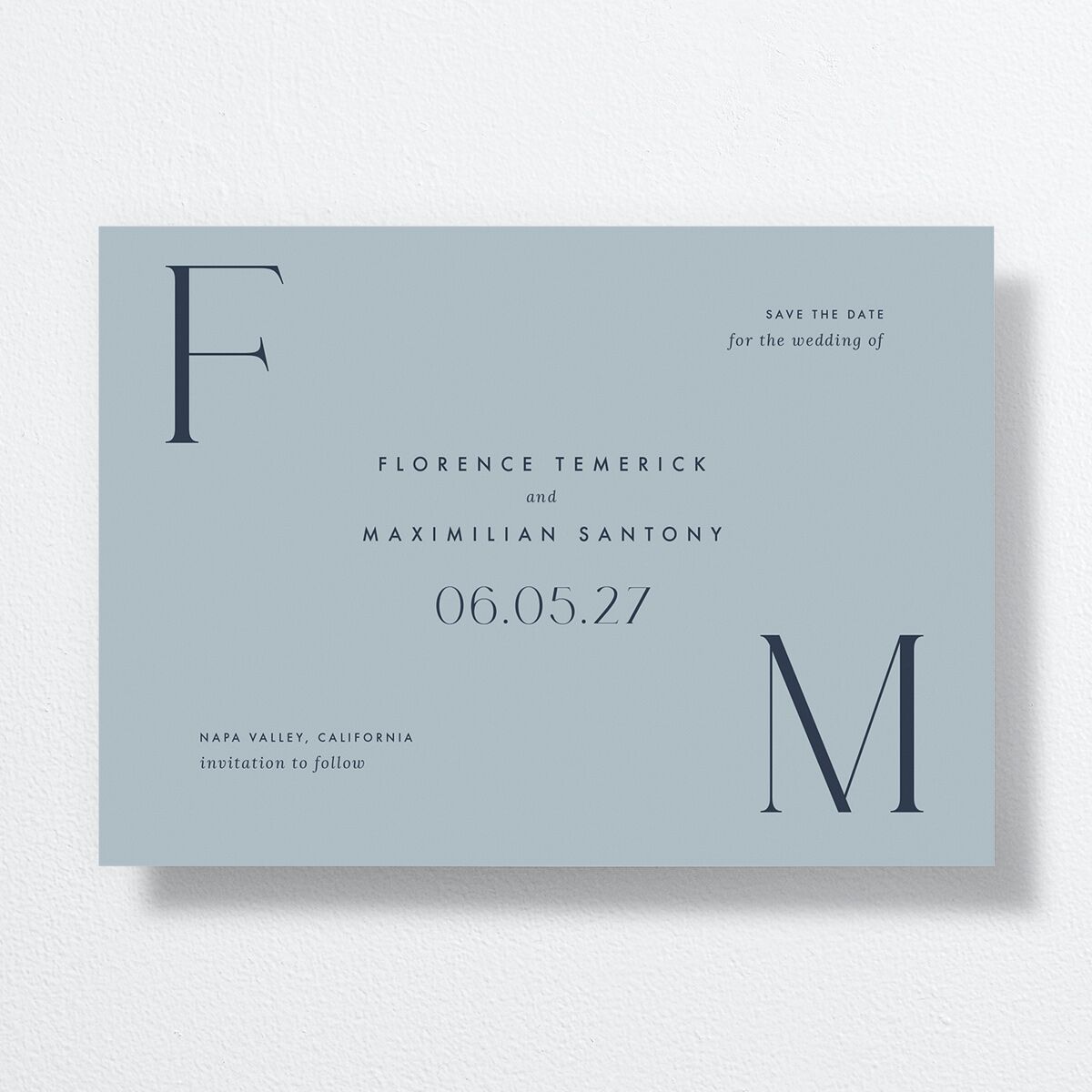 Modern Initials Save The Date Cards front in Blue