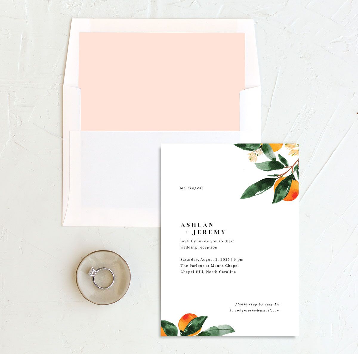 Orange Branches Save the Date Cards envelope-and-liner