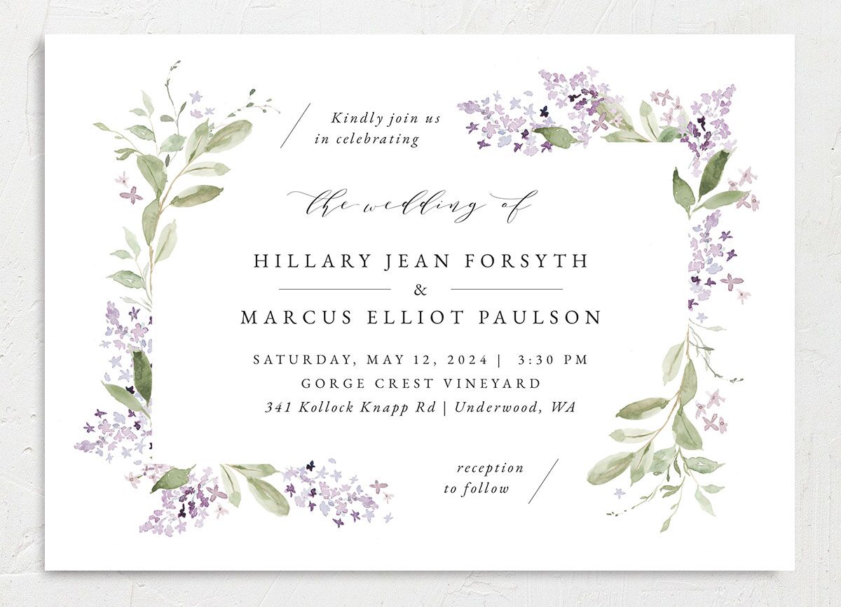 Lilac Garland Wedding Invitations front in purple
