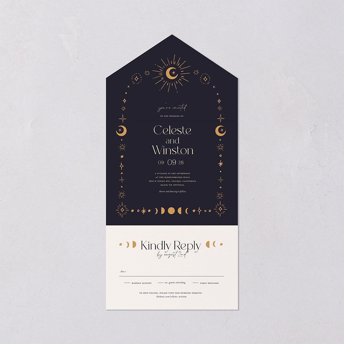 Celestial Galaxy All-in-One Wedding Invitations Dark Navy Signature Light Both Recipient and Return Addresses No
