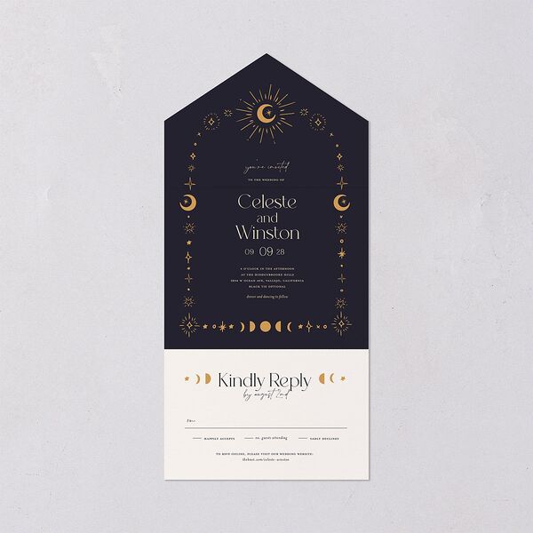Celestial Galaxy All-in-One Wedding Invitations Dark Navy Signature Light Both Recipient and Return Addresses No