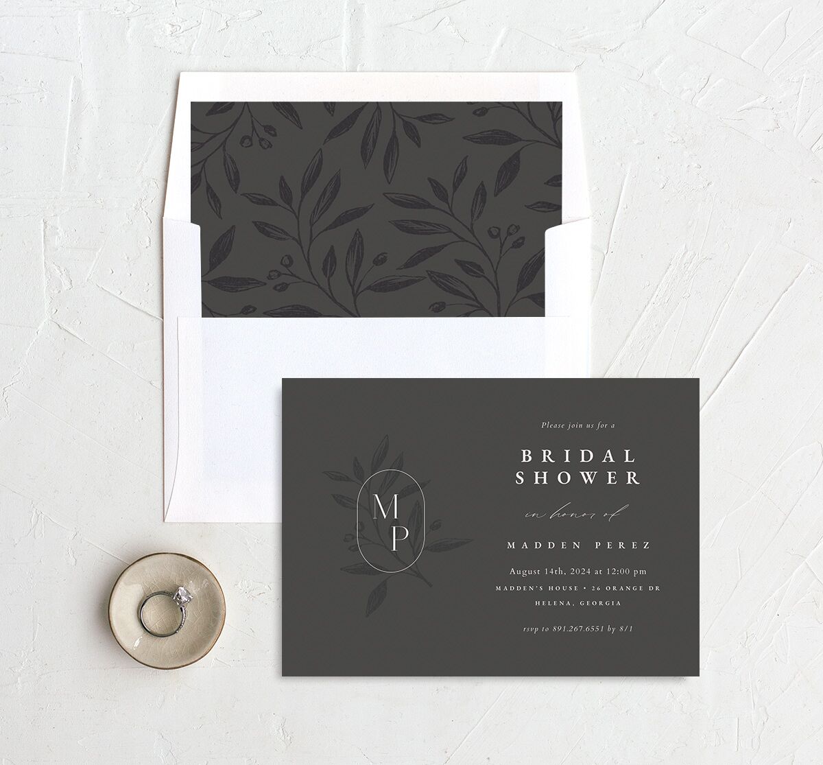 Timeless Monogram Bridal Shower Invitations envelope-and-liner in grey