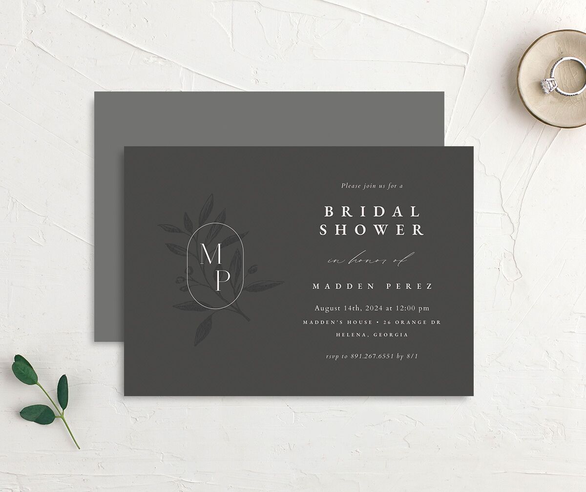 Timeless Monogram Bridal Shower Invitations front-and-back in grey