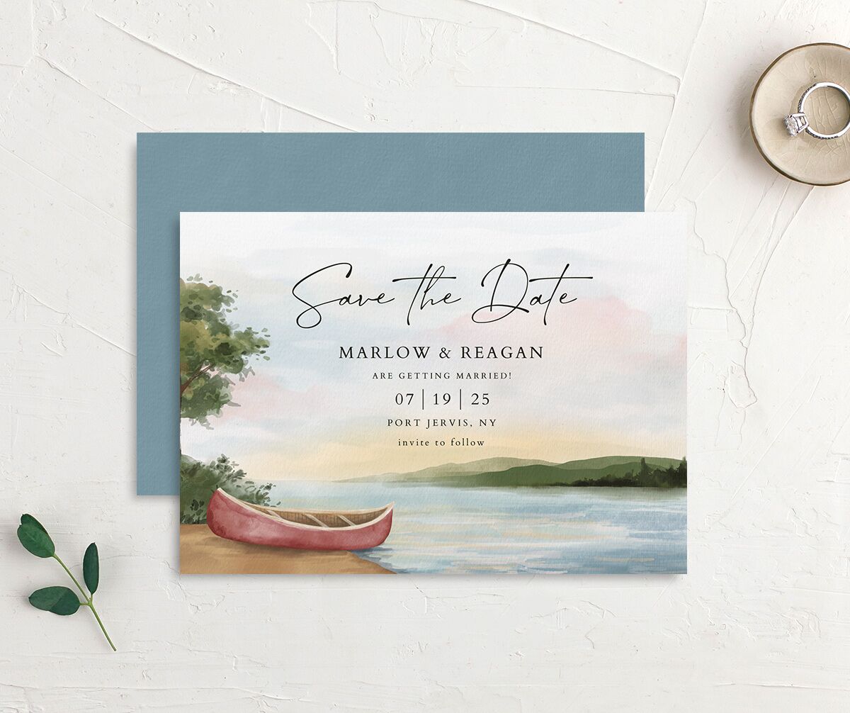 Rustic Reflection Save The Date Cards front-and-back in blue