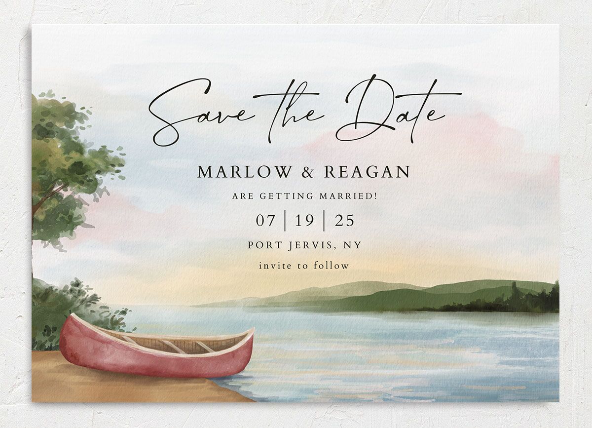 Rustic Reflection Save The Date Cards front in blue