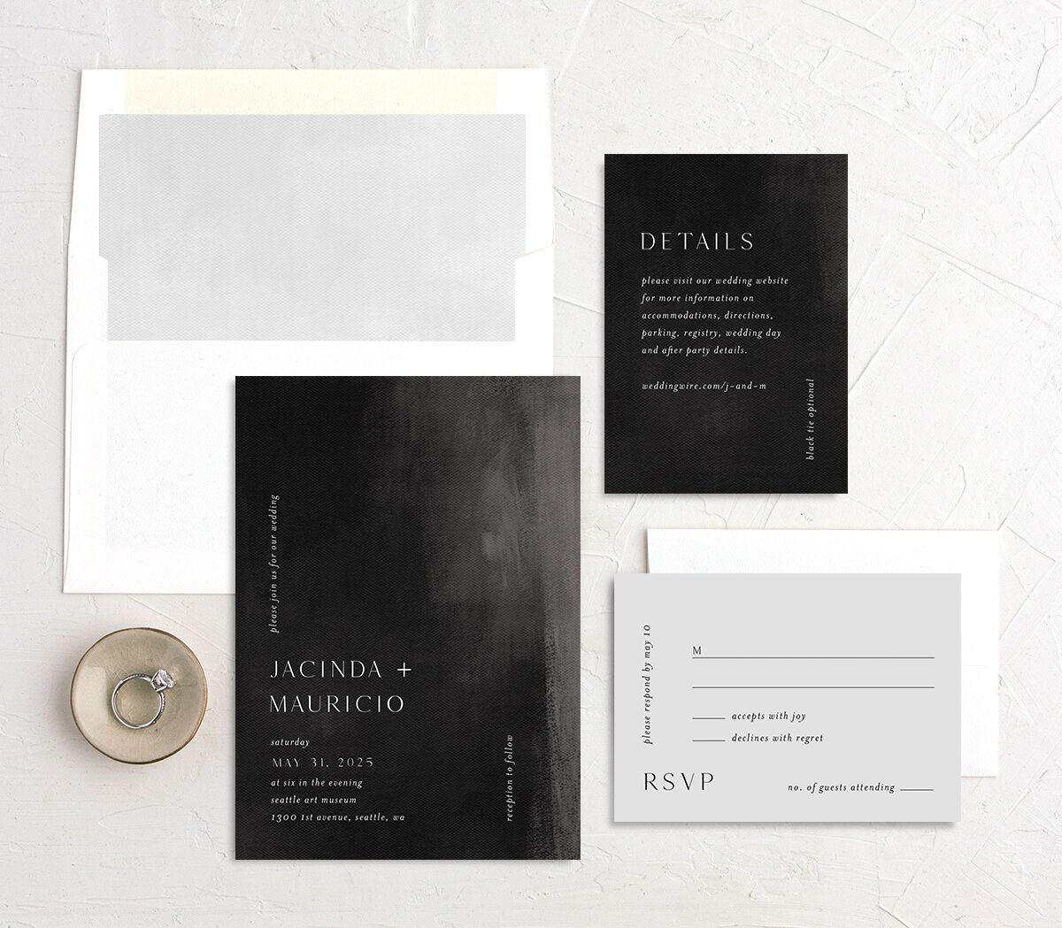 Painted Canvas Wedding Invitations suite in black