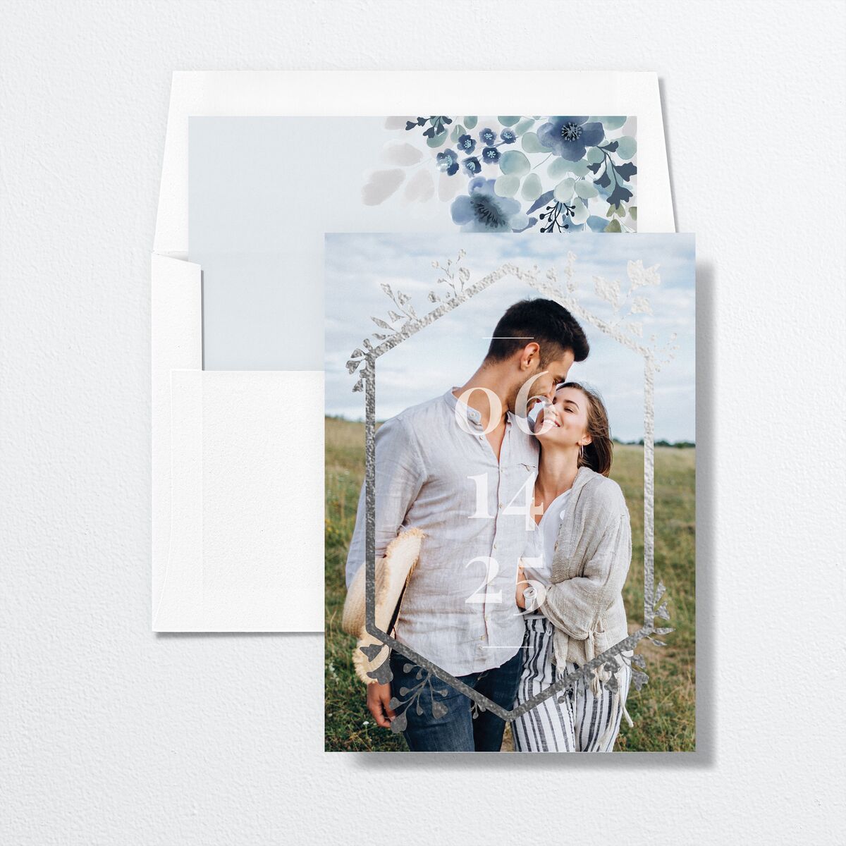 Ethereal Frame Save The Date Cards Silver Midnight Navy Signature smooth No