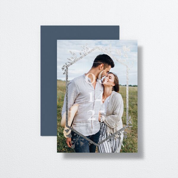 Ethereal Frame Save The Date Cards Silver Midnight Navy Signature smooth No