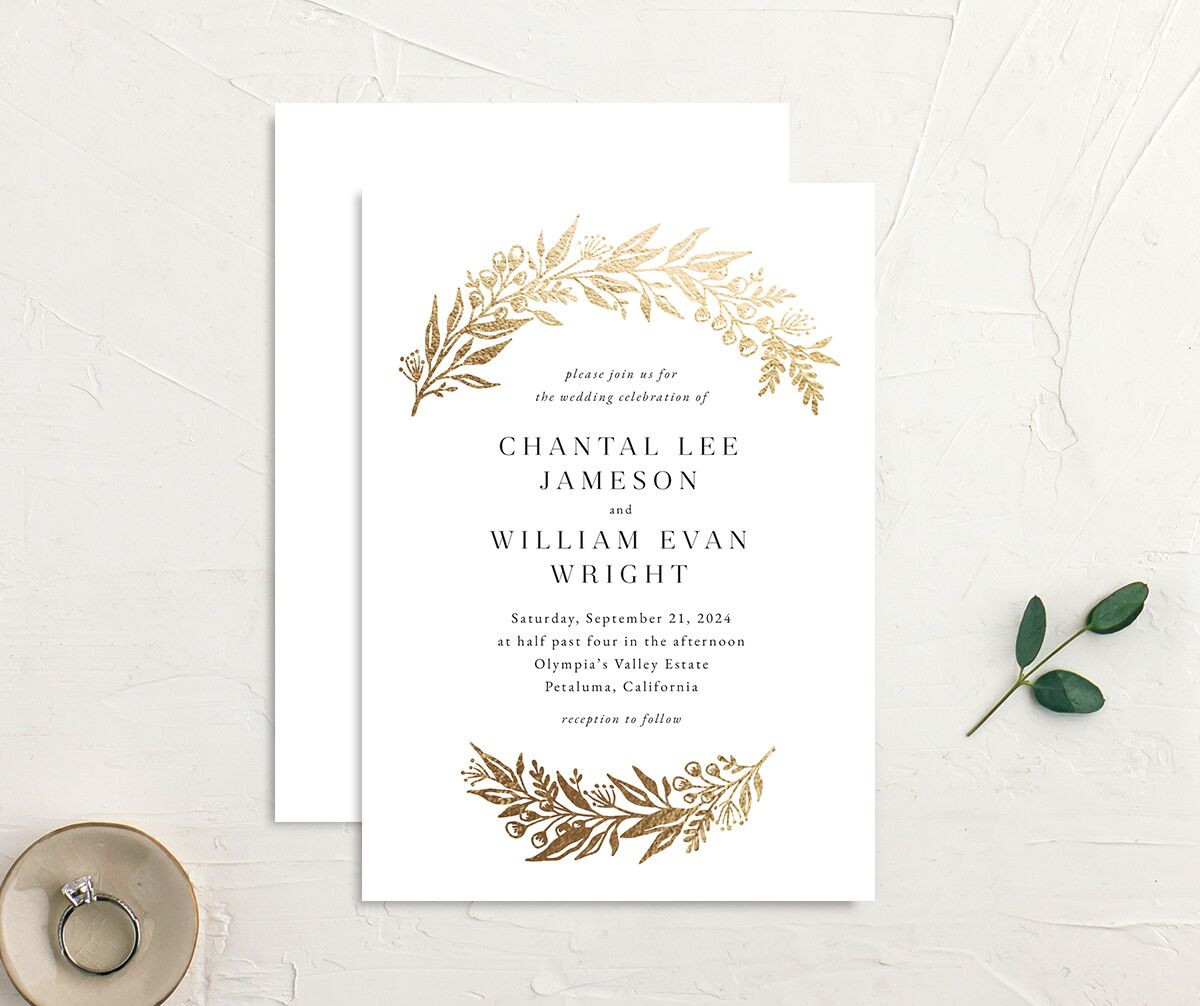 Gilded Garland Wedding Invitations front-and-back in White