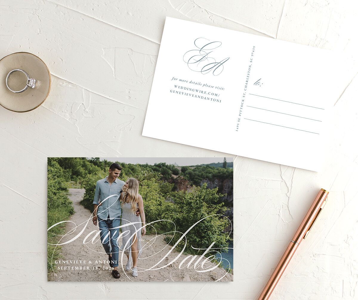 Refined Photograph Save the Date Postcards front-and-back in white