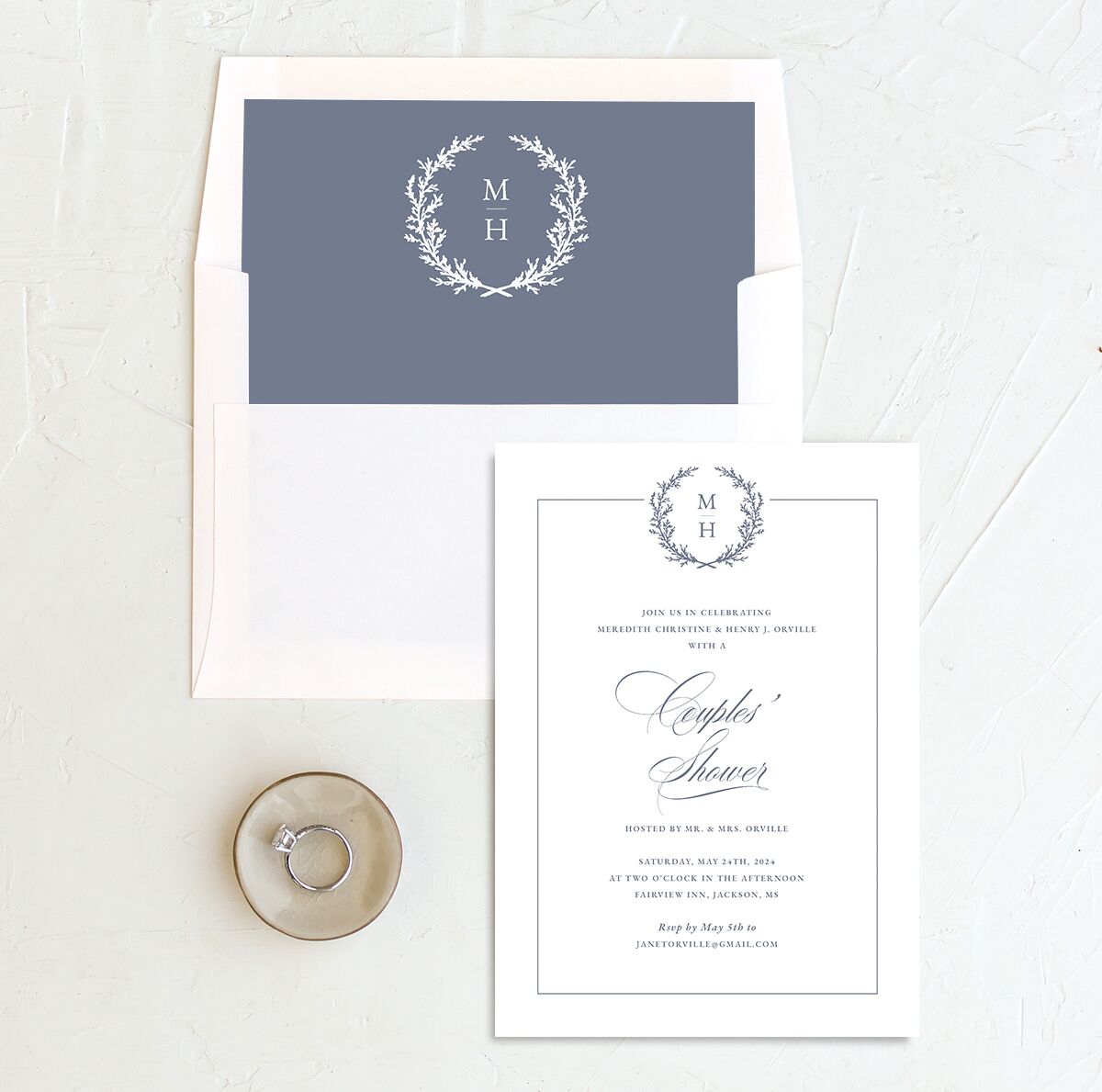 Classic Garland Bridal Shower Invitations envelope-and-liner in blue