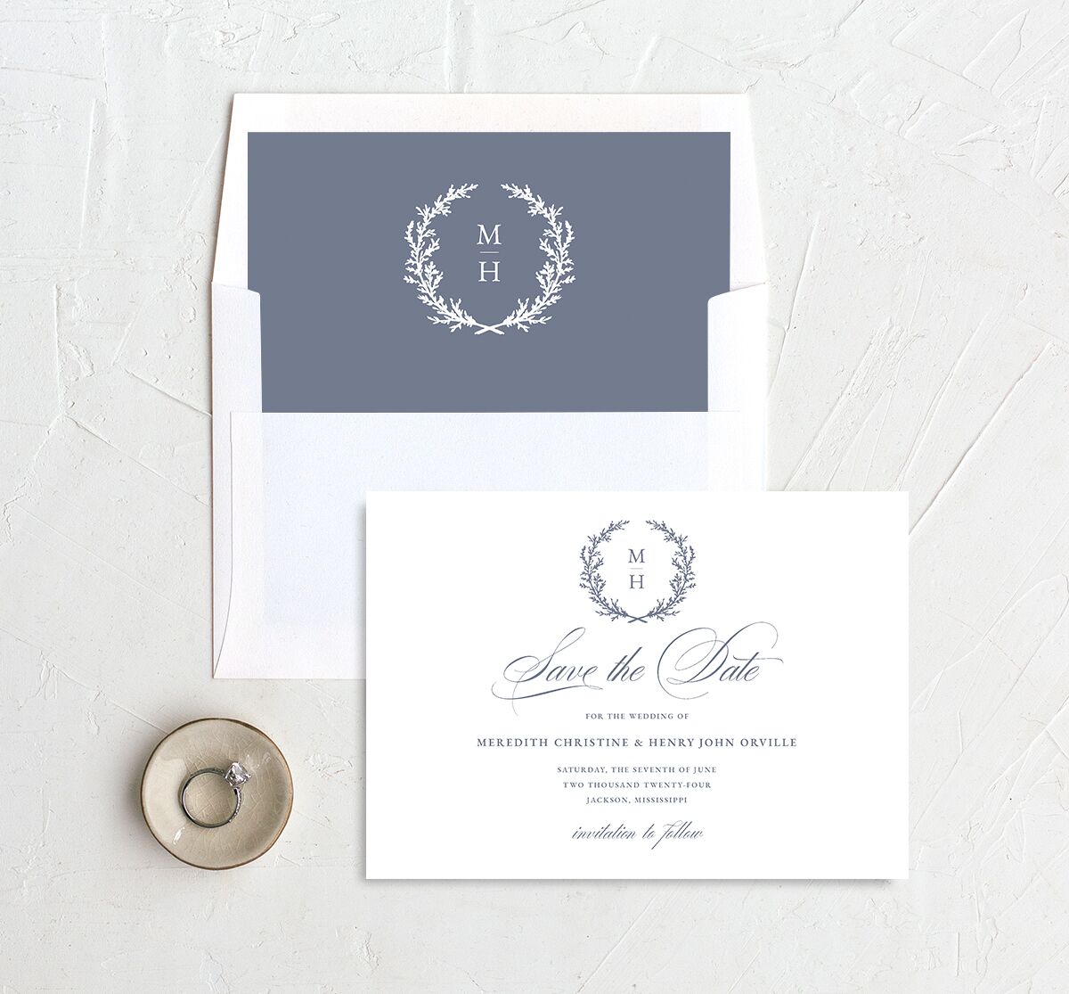 Classic Garland Save the Date Cards envelope-and-liner in blue