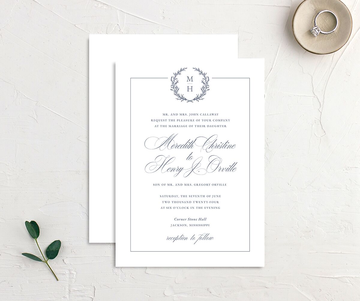 Classic Garland Wedding Invitations front-and-back in blue
