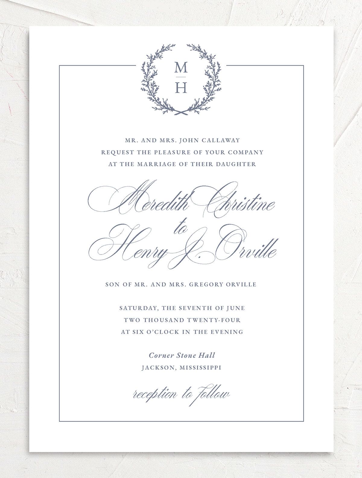 Classic Garland Wedding Invitations front in blue