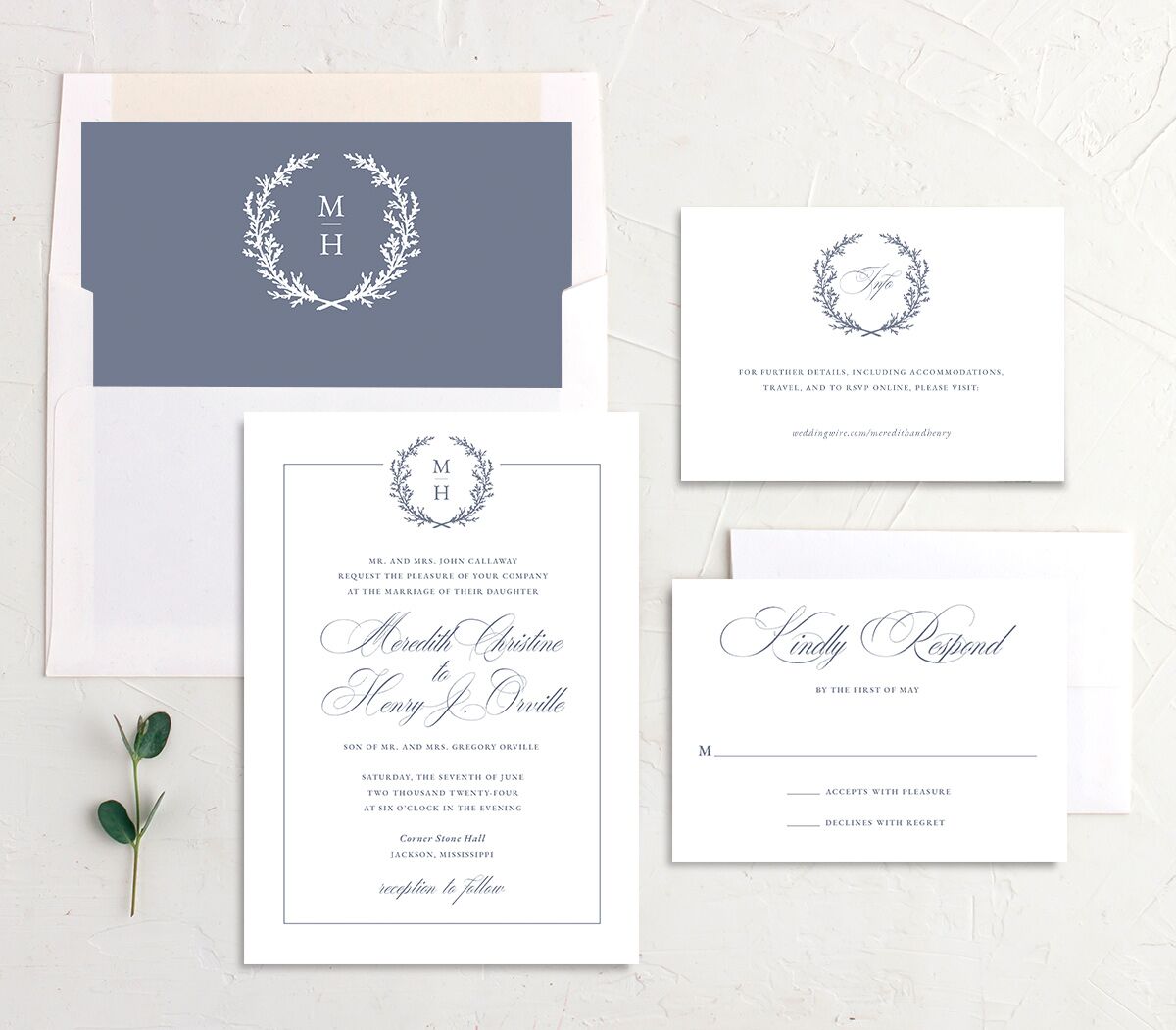 Classic Garland Wedding Invitations suite in blue