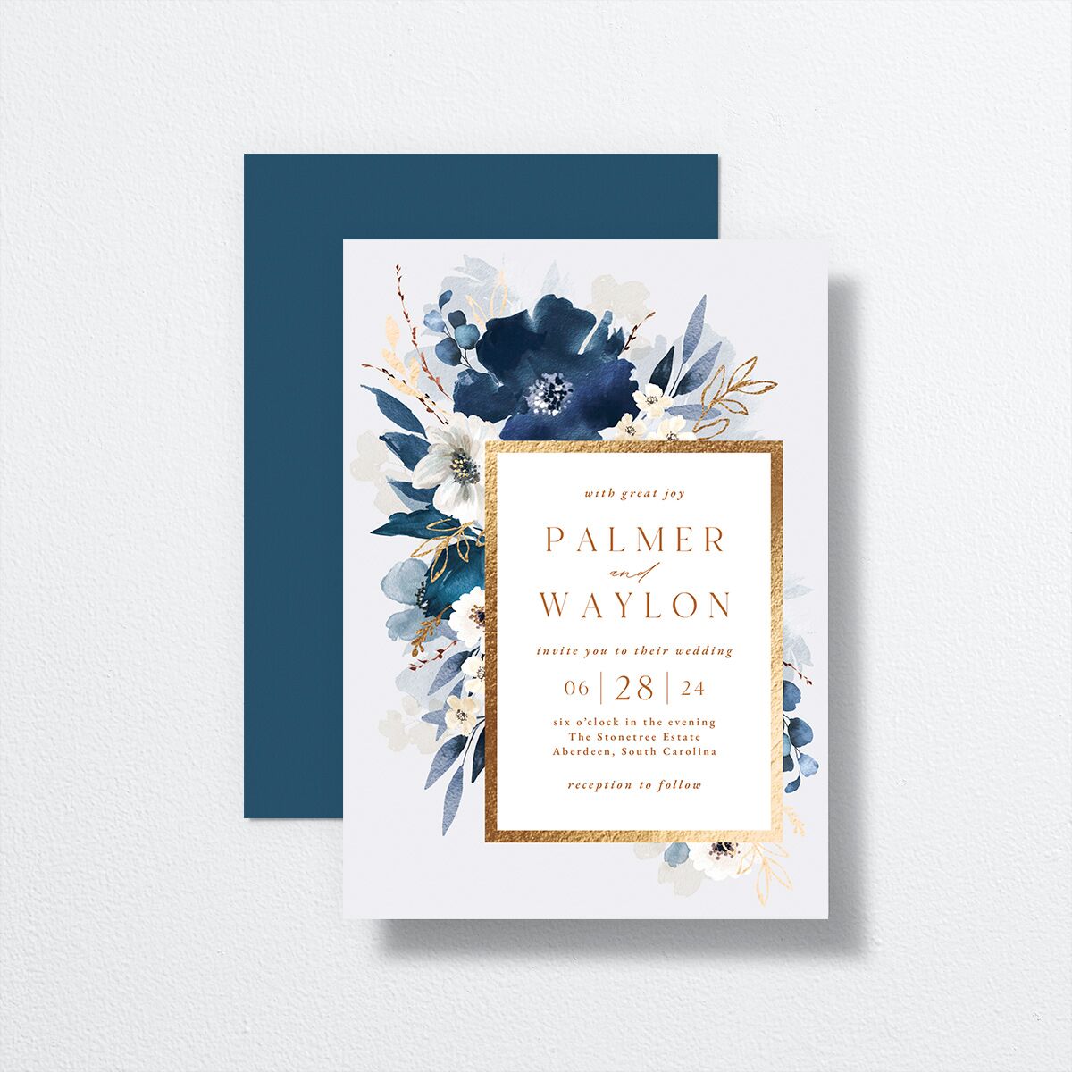 Gilded Blooms Wedding Invitations Gold Regency Blue Signature No