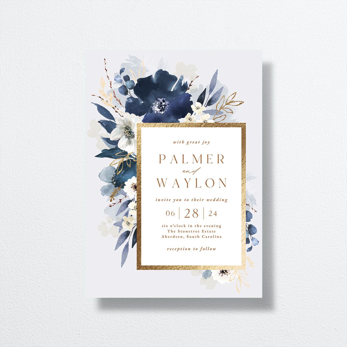 Gilded Blooms Wedding Invitations Gold Regency Blue Signature No