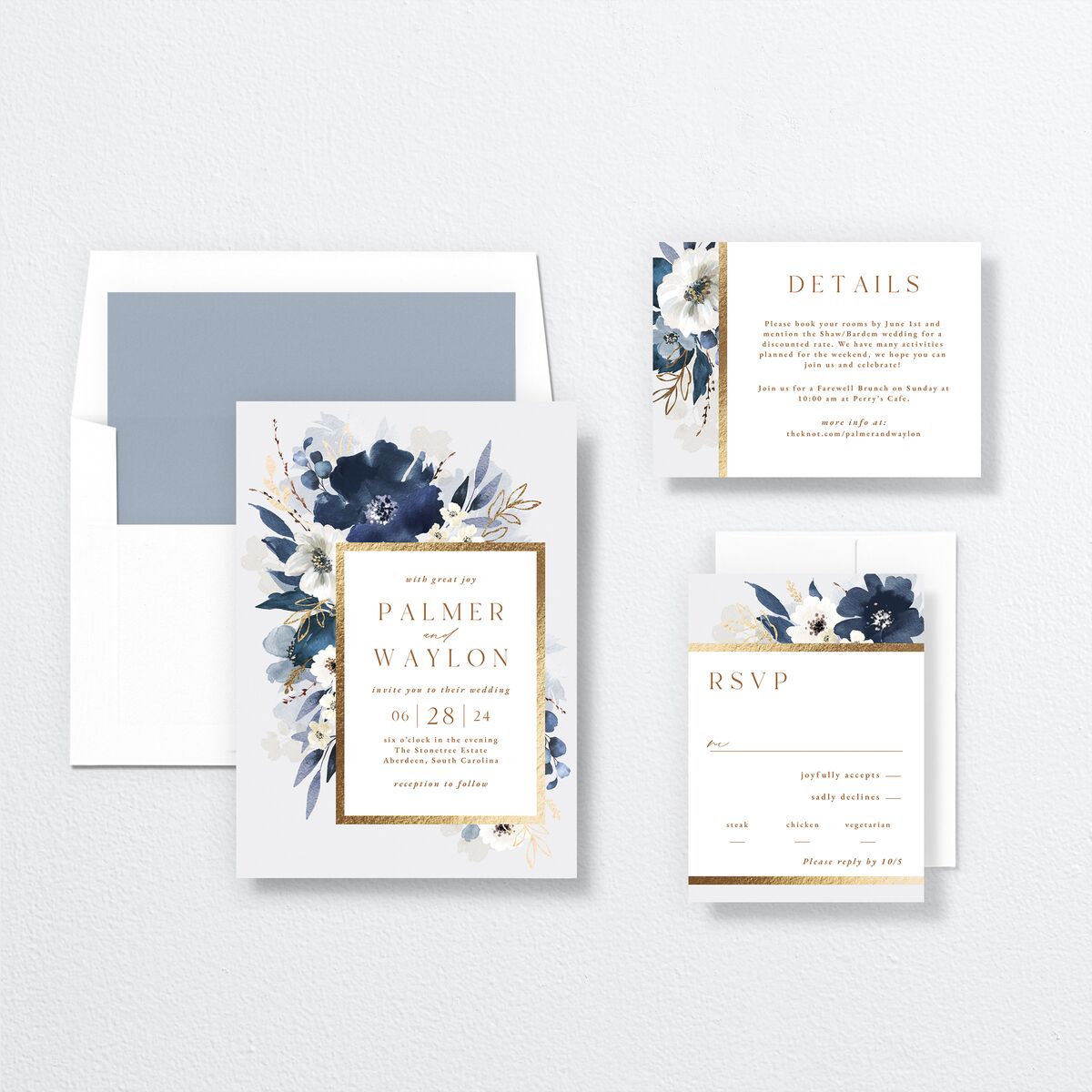 Gilded Blooms Wedding Invitations Gold Regency Blue Signature No