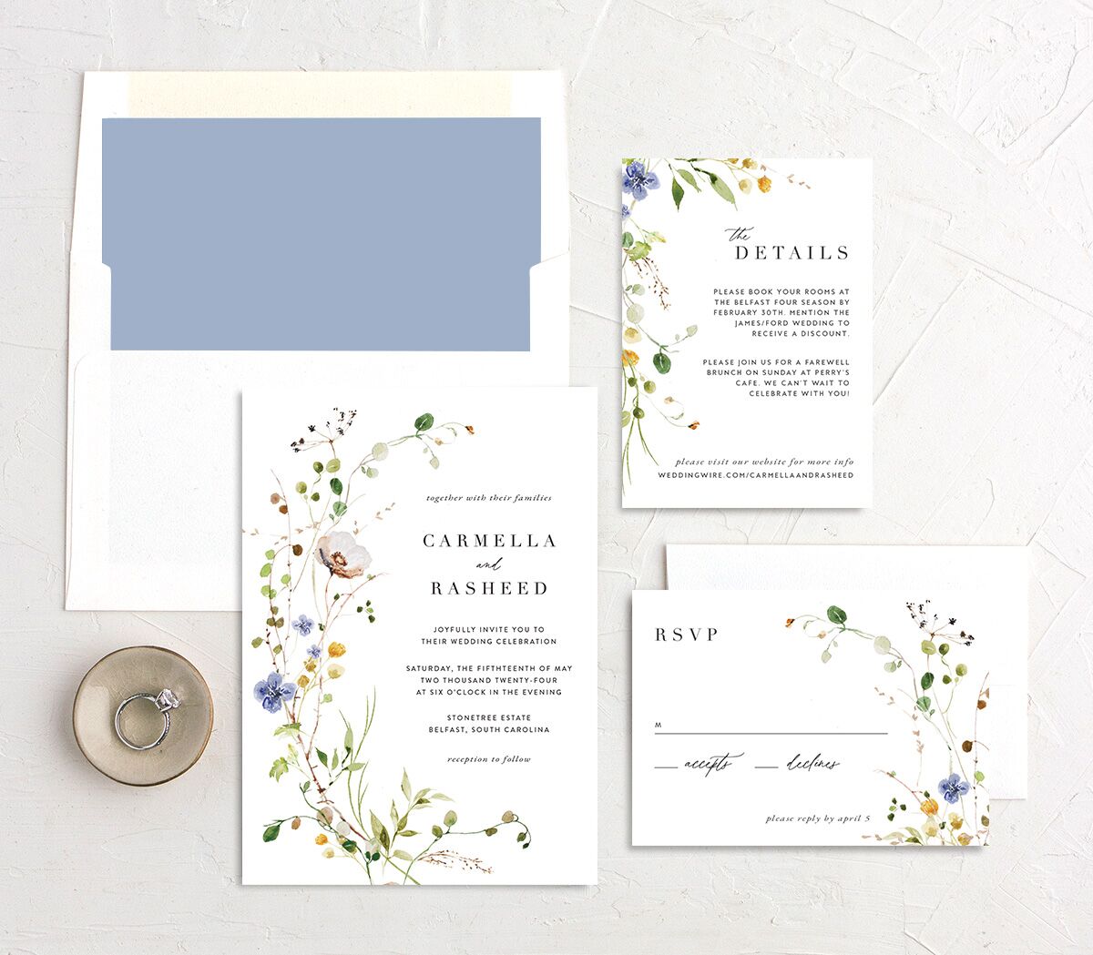 Winding Wildflower Wedding Invitations suite in white
