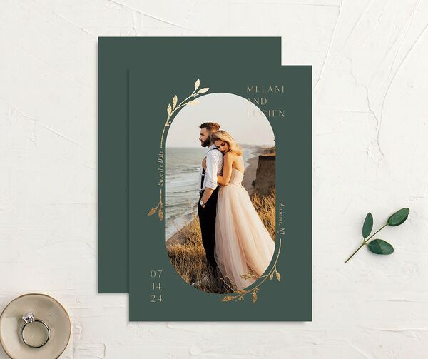 Gilded Sprigs Foil Save The Date Cards front-and-back in Green