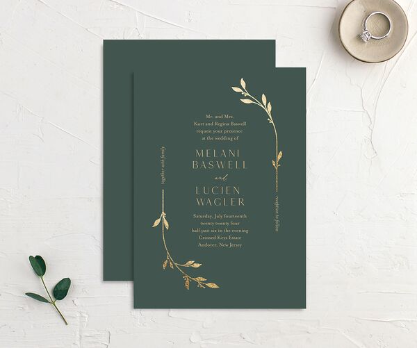Gilded Sprigs Foil Wedding Invitations front-and-back in Green