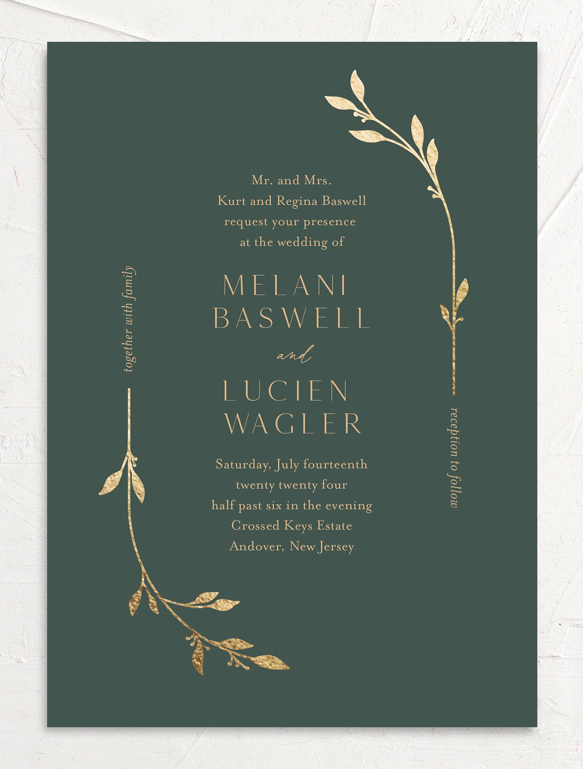 Gilded Sprigs Foil Wedding Invitations front in Green