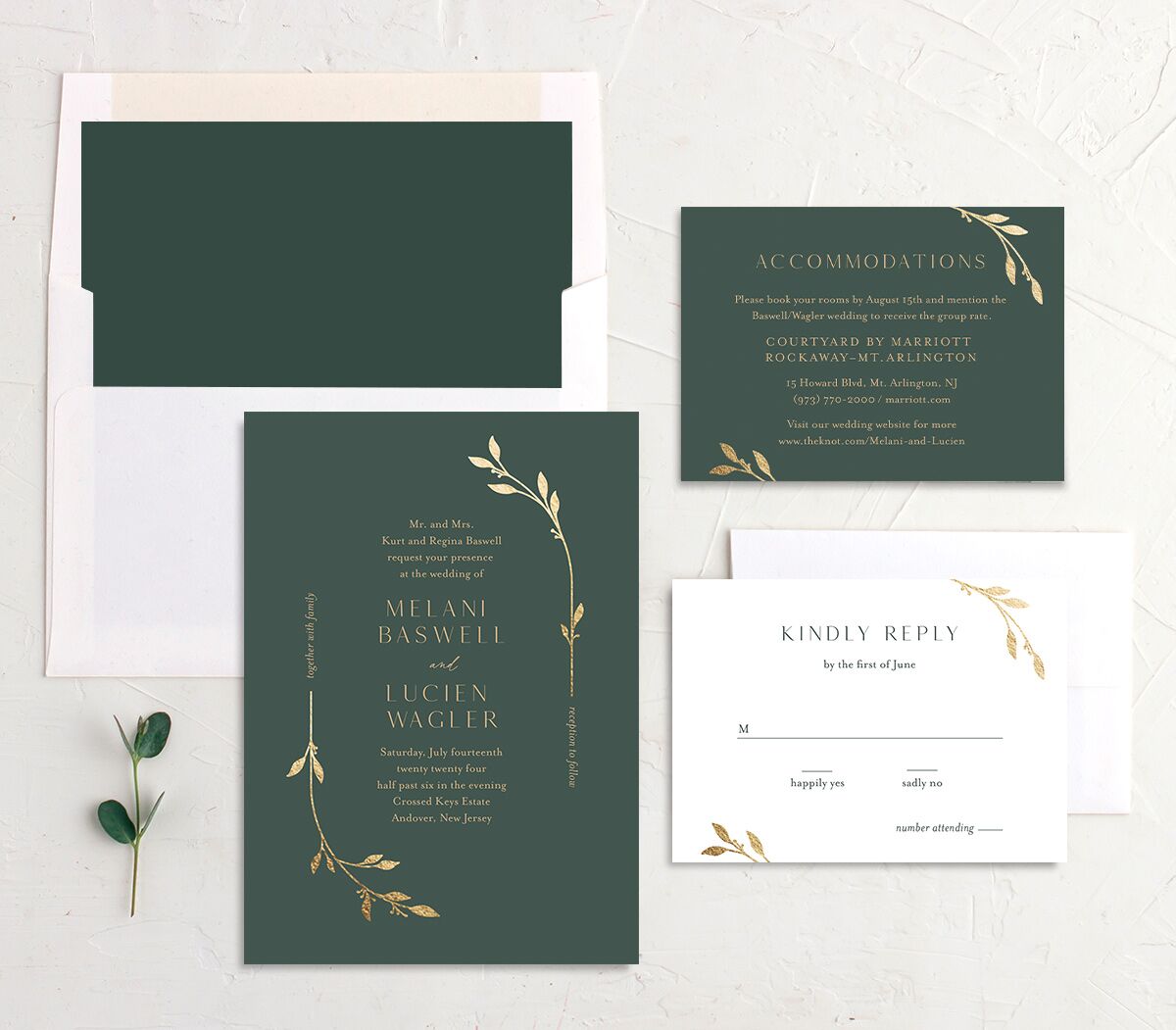 Gilded Sprigs Foil Wedding Invitations suite in Green