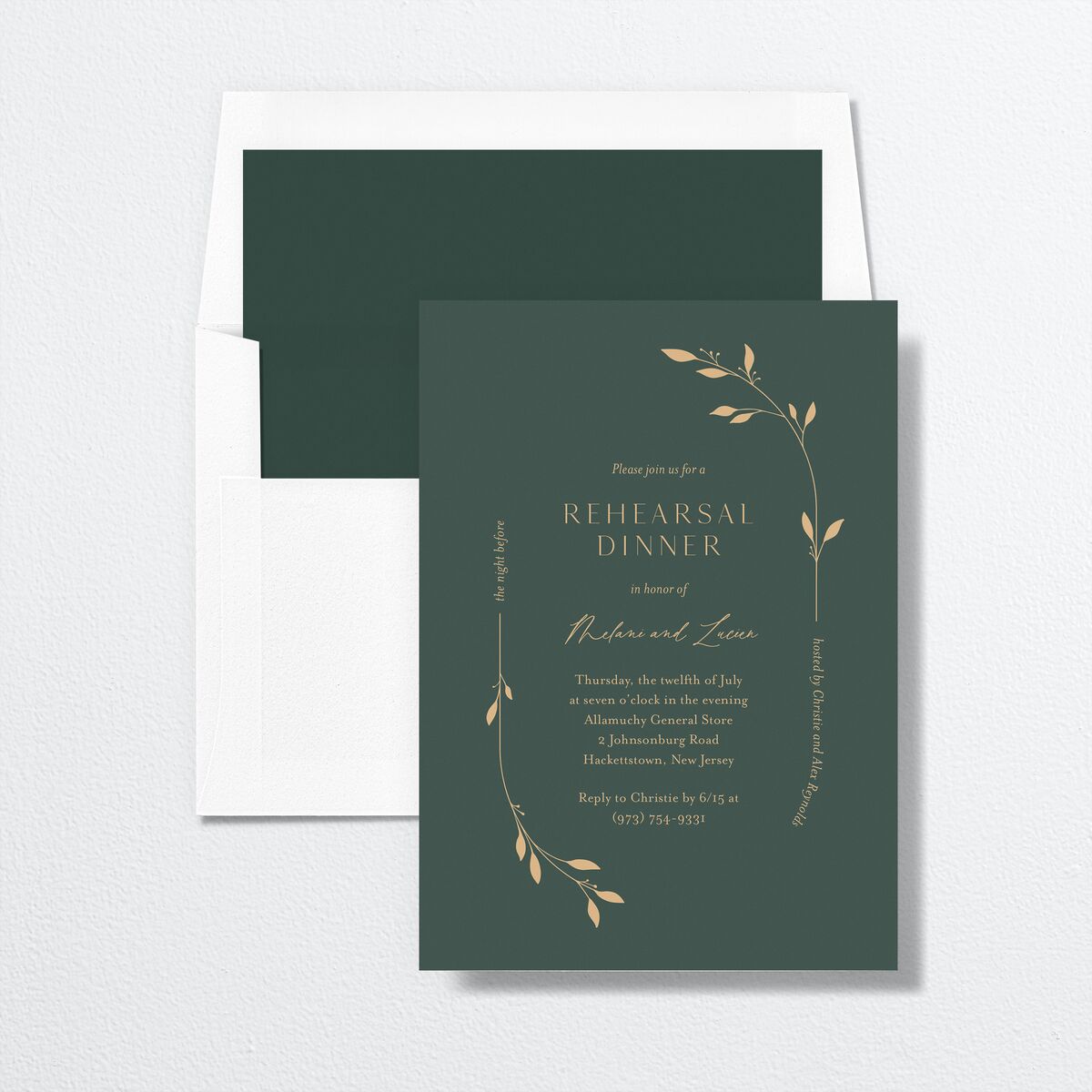 Gilded Sprigs Rehearsal Dinner Invitations Dark Emerald Signature