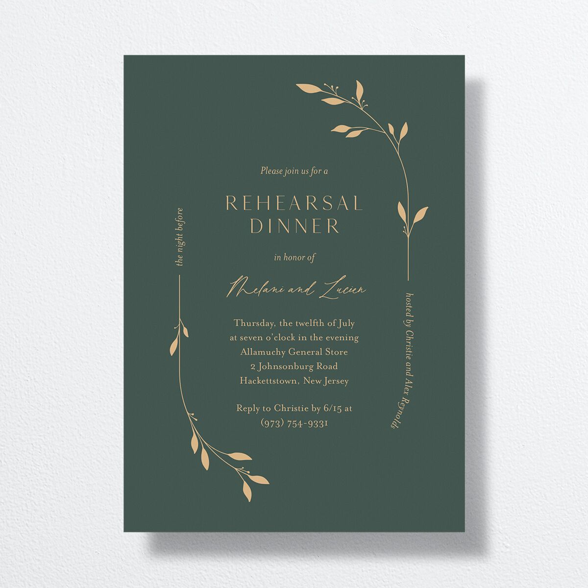 Gilded Sprigs Rehearsal Dinner Invitations Dark Emerald Signature
