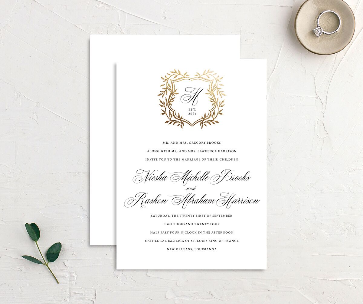 Formal Crest Wedding Invitations Gold Pure White Signature No